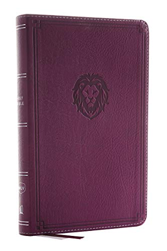 Burgundy leathersoft Bible with a lion emblem and red ribbon bookmark.