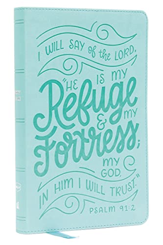Green leathersoft Bible with ornate calligraphy and Psalm 91:2 verse.