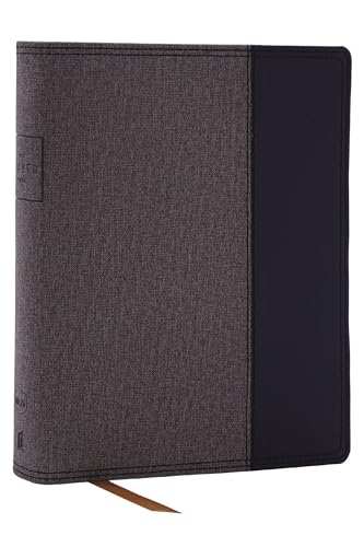 Closed black and gray leather Bible with red page edges and ribbon marker.