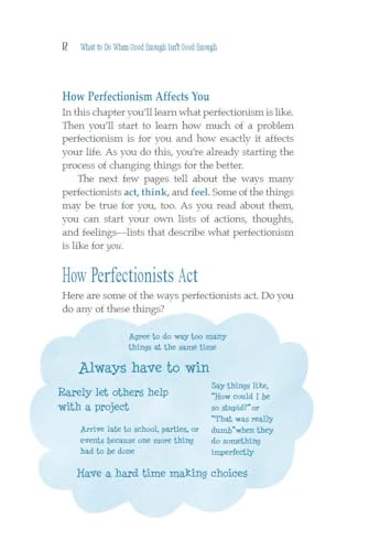 Book page with text about perfectionism and a light blue cloud graphic.