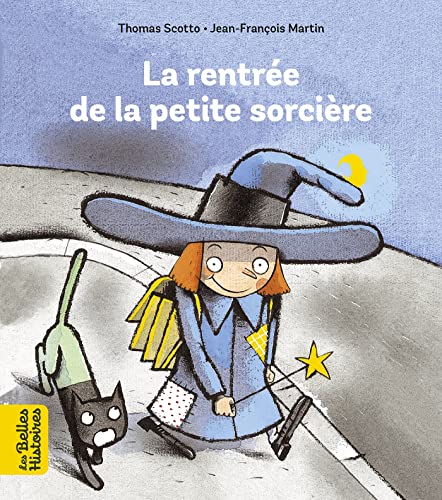 Little witch with cat and wand walking to school under a blue hat.