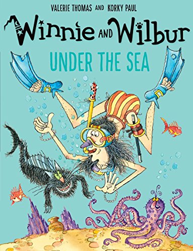 Winnie the witch and her cat Wilbur swimming underwater with an octopus and fish.