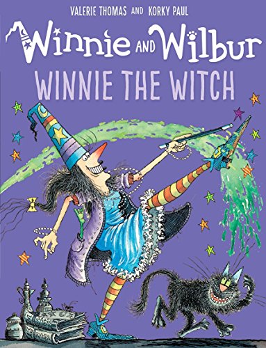 Winnie the witch casts a spell with her wand while her cat Wilbur watches.