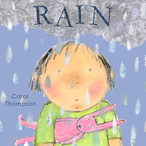 Child with rosy cheeks hugs a pink toy under falling rain.