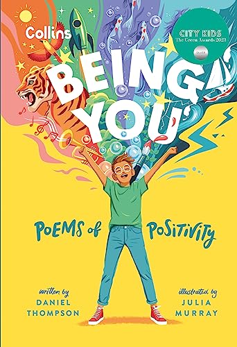 Book cover with a boy raising arms amid colorful illustrations.