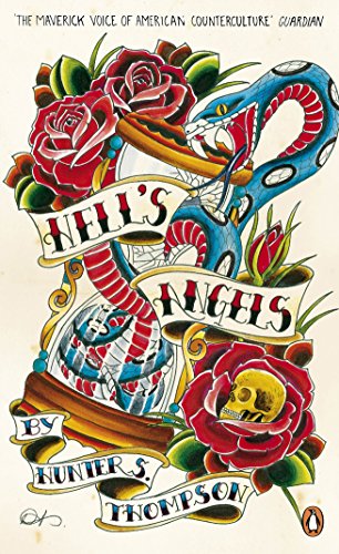 "Book cover with tattoo-style artwork featuring a snake, roses, and skull, titled 'Hell's Angels'."