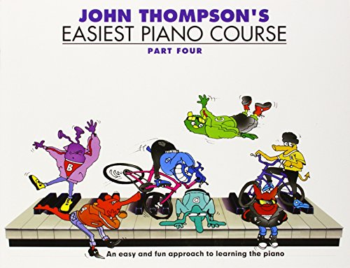 Cover of John Thompson's Easiest Piano Course Part Four with cartoon characters on piano keys.