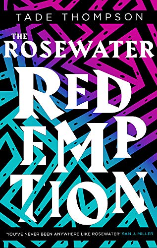 Book cover for The Rosewater Redemption by Tade Thompson with a geometric blue-pink background.