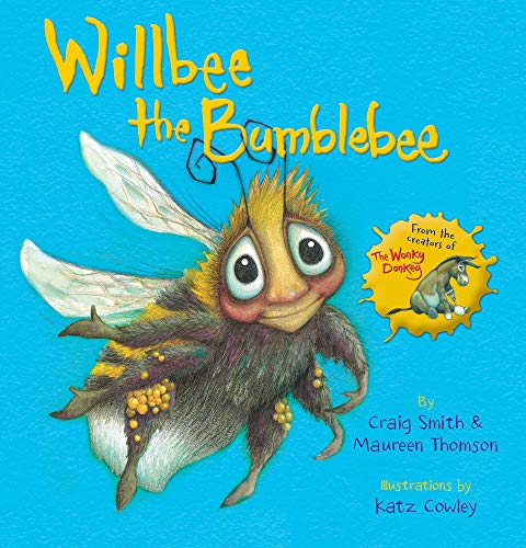 "Children's book cover featuring a cartoon bumblebee with large eyes on a blue background."