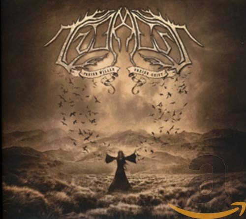 CD cover with ornate band logo, birds, and a figure in a landscape.