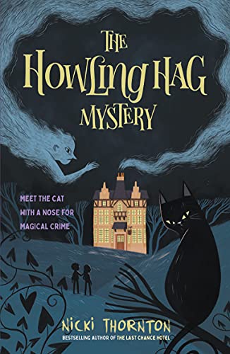 Book cover: haunted house, black cat, ghostly figure, two children.