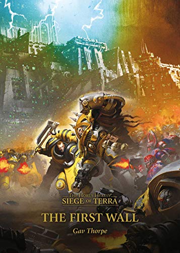 Yellow-armored space marines battle before a massive fortress under a stormy sky.