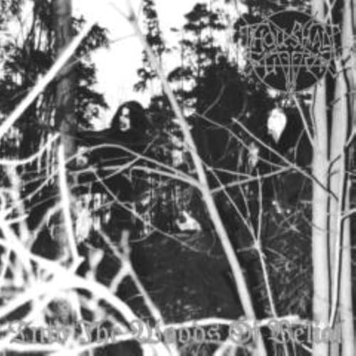 Black and white photo of figures in a forest with band logo and title.