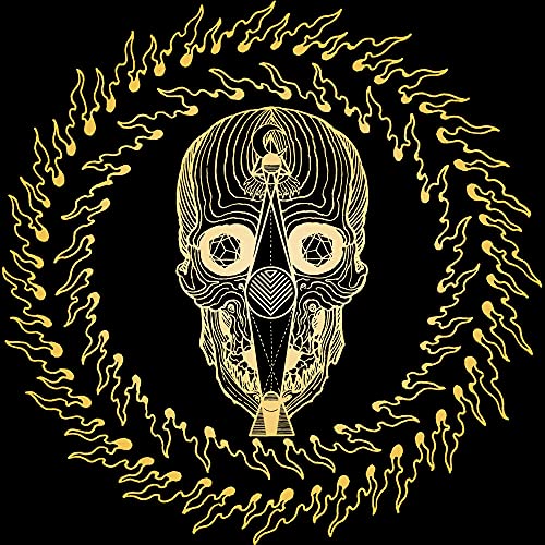 Gold line art of a skull surrounded by a ring of flames on black.