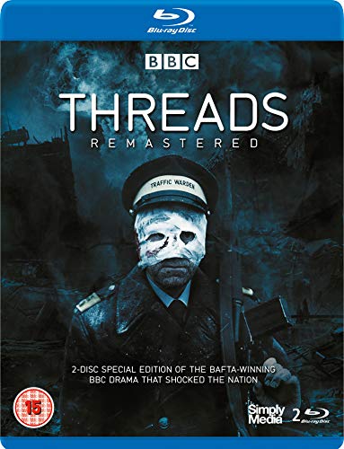 Threads" Blu-ray cover featuring a distressed man in a warden's hat amid ruins.