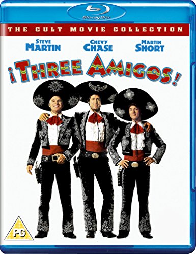 Blu-ray cover for Three Amigos featuring Steve Martin, Chevy Chase, and Martin Short.