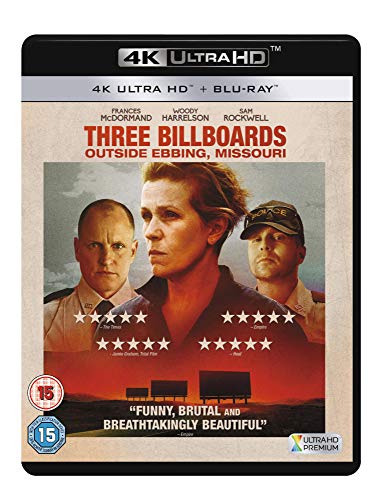 Three Billboards Outside Ebbing, Missouri" Blu-ray case featuring Frances McDormand, Woody Harrelson, and Sam Rockwell.