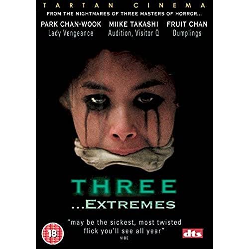 DVD cover for horror film "Three Extremes" featuring a distressed face.