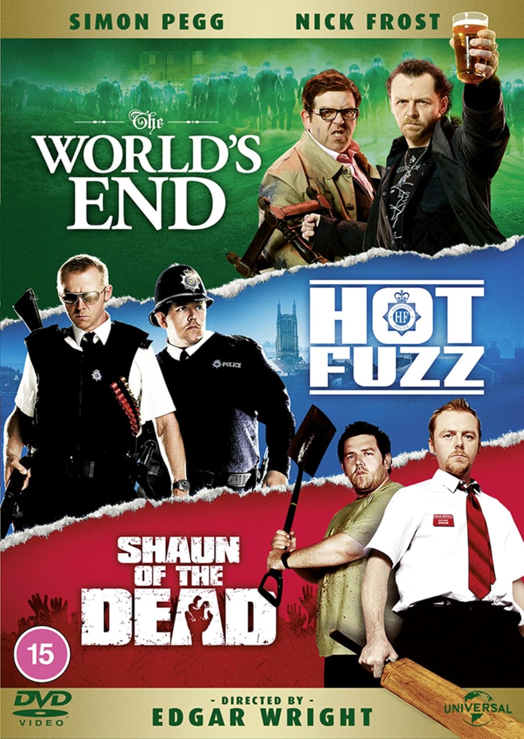 DVD cover art featuring posters for The World's End, Hot Fuzz, and Shaun of the Dead.