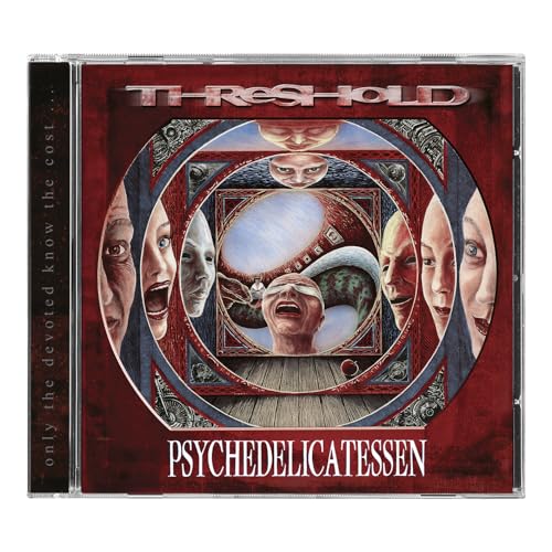 CD case for Threshold’s “Psychedelicatessen (Remixed)” featuring surreal, repeating faces.
