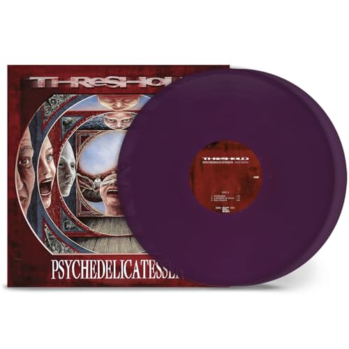Purple vinyl record with album cover featuring distorted faces and text.
