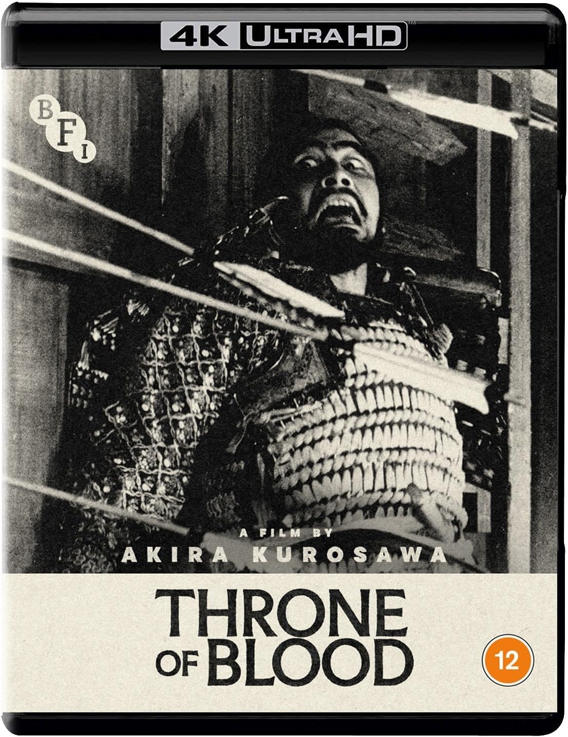 Black and white image of a samurai being struck by arrows on movie cover.