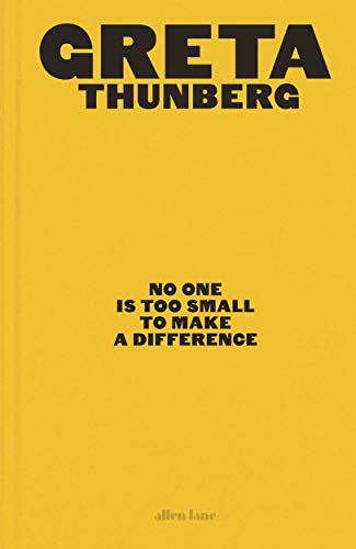 Yellow book cover with black text: “Greta Thunberg” and book title.