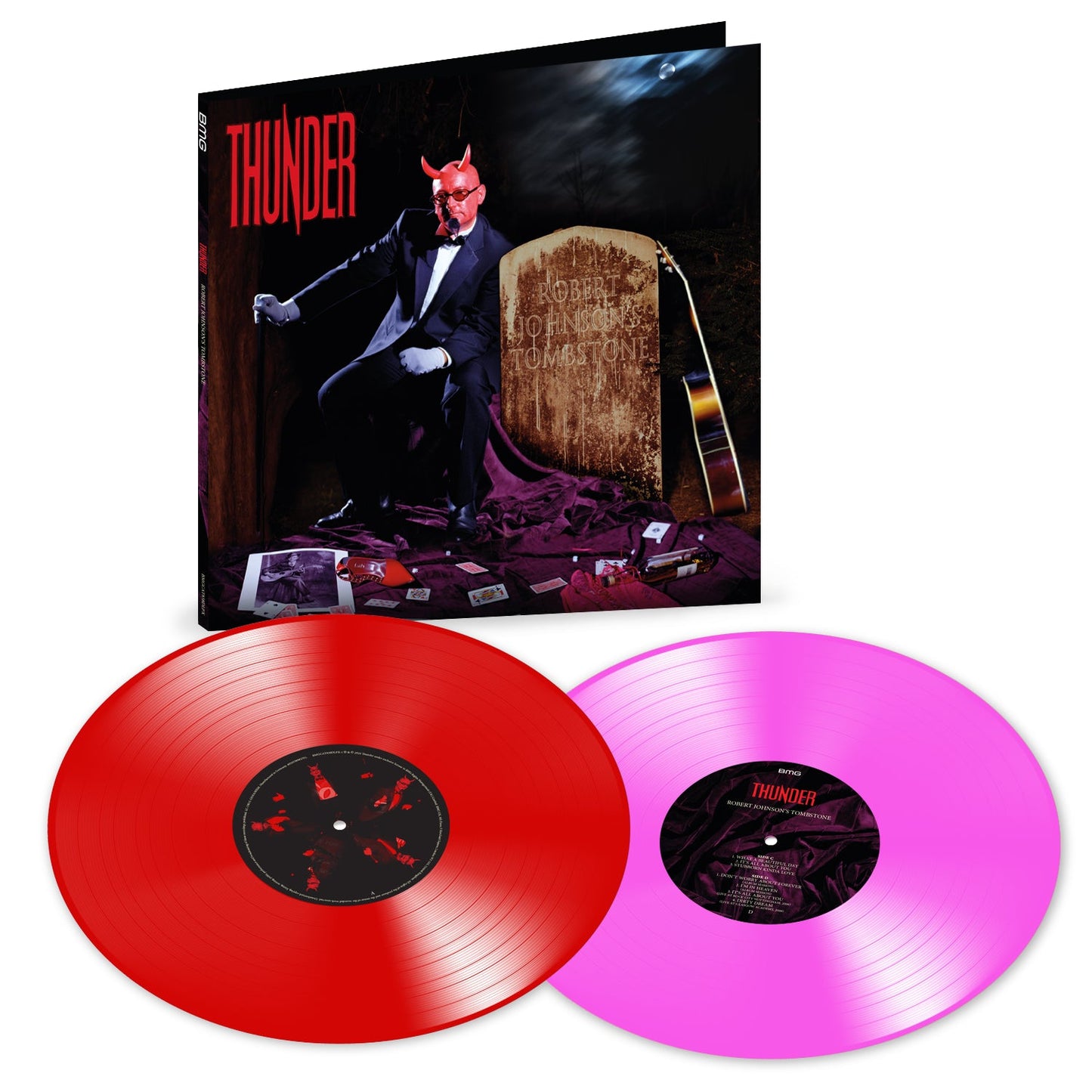 Vinyl record of Thunder’s “Robert Johnson’s Tombstone” with red and pink discs.