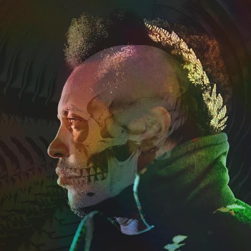 Thundercat’s profile with skull and floral imagery, dark and colorful.