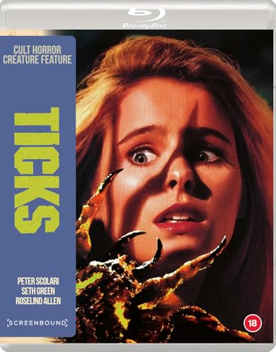 Ticks" Blu-ray cover featuring a frightened woman and a large spider-like creature.