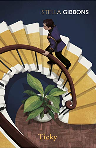 Book cover: boy on spiral staircase, plant below, title "Ticky".
