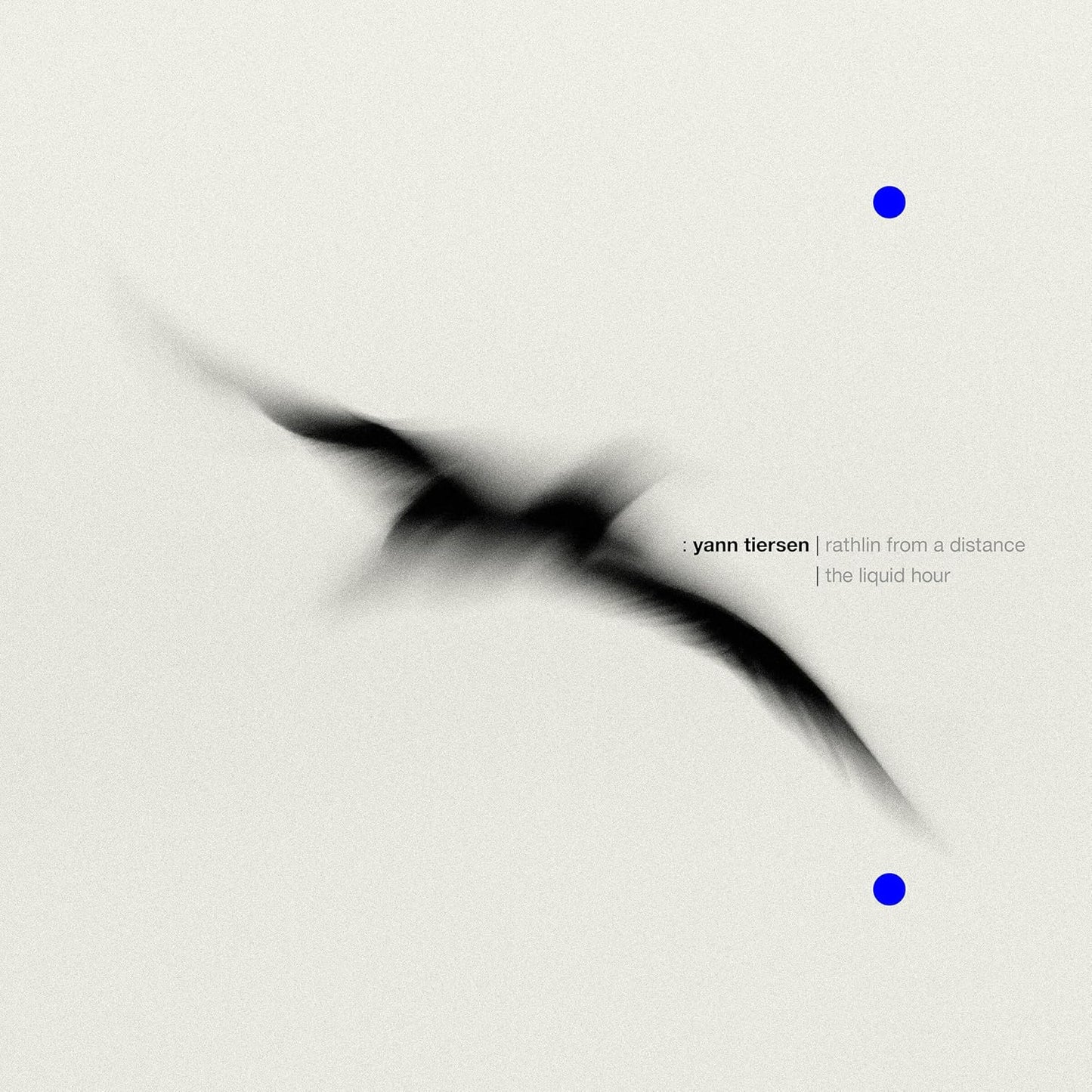 Album cover with a blurred black bird silhouette, two blue dots, and text.