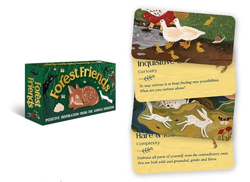 Card deck “Forest Friends” featuring animal illustrations and inspirational text.