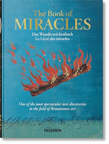 Book cover titled The Book of Miracles featuring a burning log on blue background.