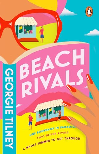 Book cover with illustrated beach scene, red sunglasses, and pink text.