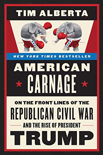Book cover: two boxing elephant illustrations, red and white text, “American Carnage.”