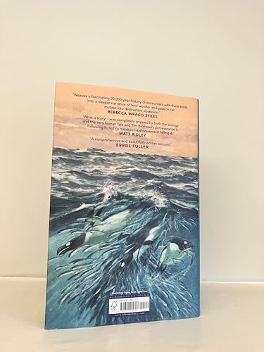 Book cover depicting extinct great auks swimming in a turbulent, blue ocean.