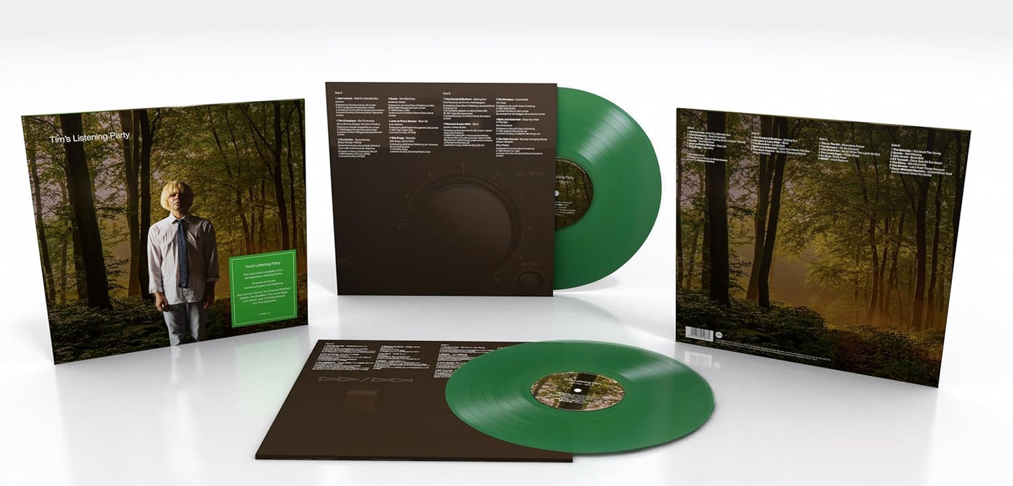 Tim Burgess Listening Party vinyl record set with green discs and forest-themed packaging.