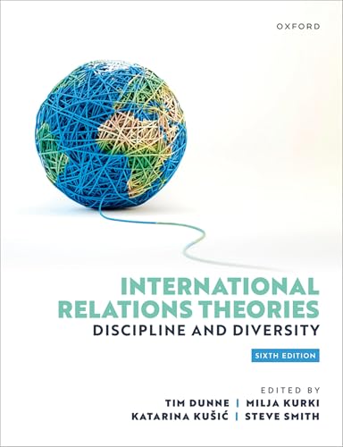 Book cover: "International Relations Theories" with a yarn-wrapped globe.