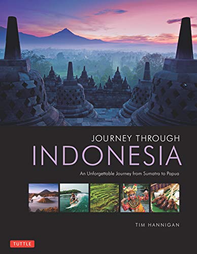 Book cover: Indonesian temples with misty mountains, collage of photos below.