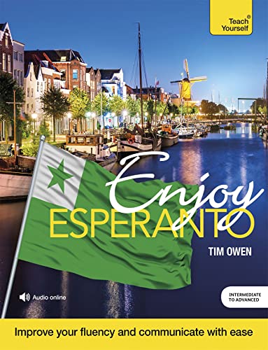 Esperanto textbook cover with canal scene, flag, and title "Enjoy Esperanto".