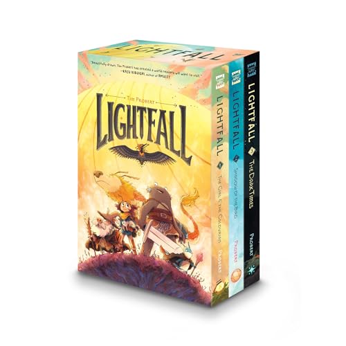 Lightfall three-book box set featuring illustrated fantasy characters on a yellow background.
