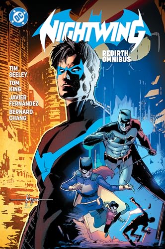 Nightwing in blue mask and suit, with Batman and other heroes.