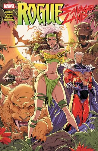 Comic book cover with Rogue in a dynamic pose amidst a prehistoric landscape setting.