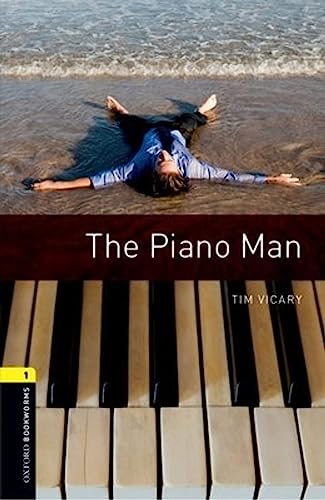 Book cover: a man lies near water above piano keys, titled “The Piano Man.”