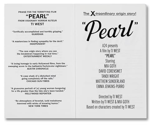 Pearl" film digipak with white text and cast names listed.