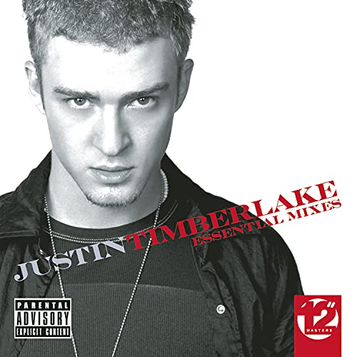Justin Timberlake album cover, “Essential Mixes,” with artist portrait.