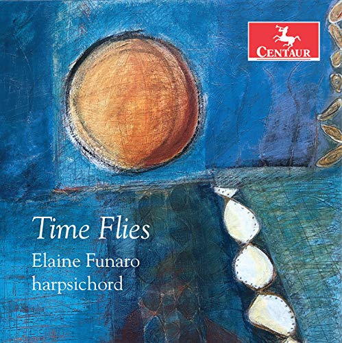 CD cover for “Time Flies” featuring abstract art and harpischordist Elaine Funaro.