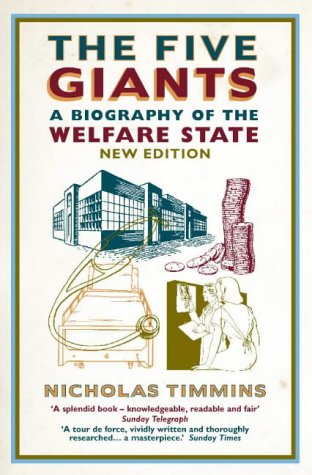 Book cover: "The Five Giants" about the welfare state, with illustrated imagery.