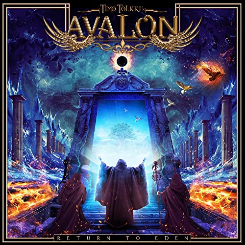 Three hooded figures stand before a glowing stone archway in a fantasy landscape.